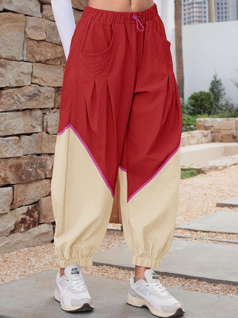 Fisoew Womens Baggy Wide Leg Pants Casual Elastic Waist Color Block Loose Workout Track Pants with Pockets Red - Image 4