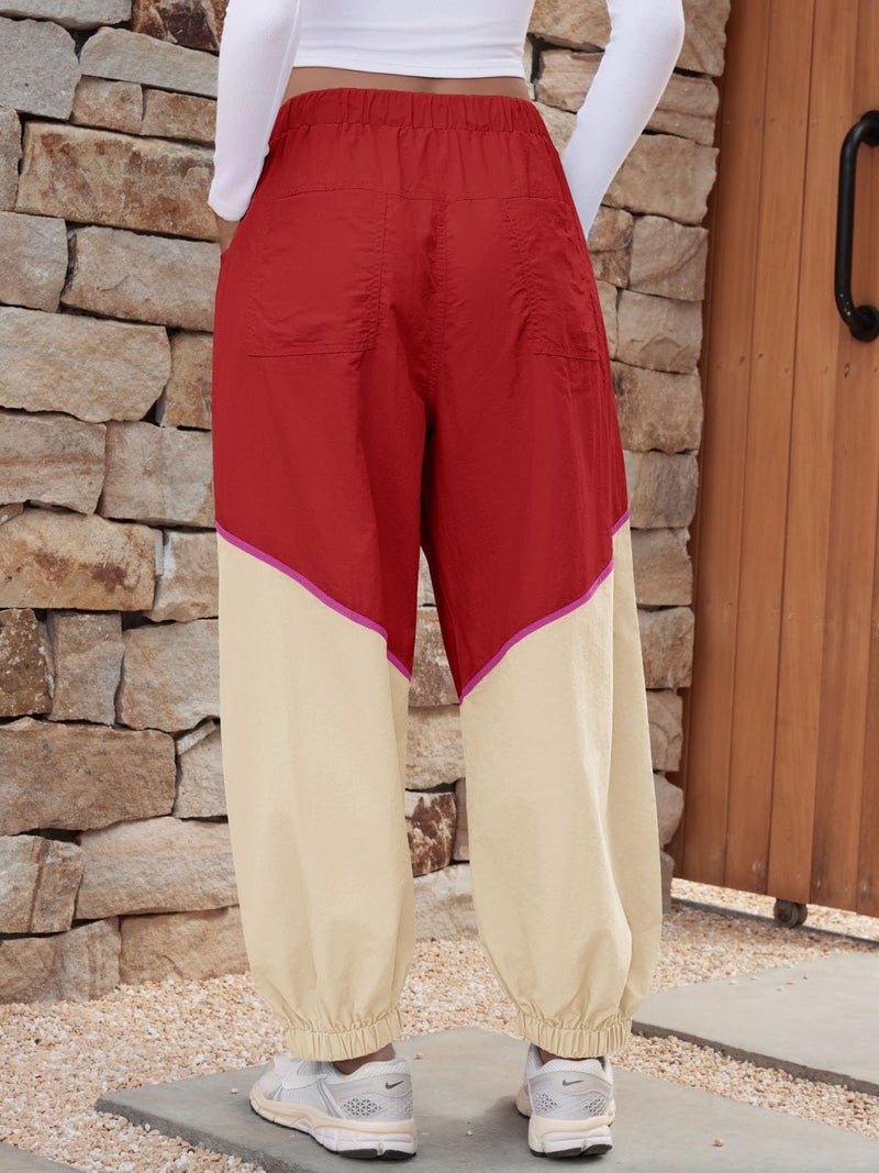 Fisoew Womens Baggy Wide Leg Pants Casual Elastic Waist Color Block Loose Workout Track Pants with Pockets Red - Image 5