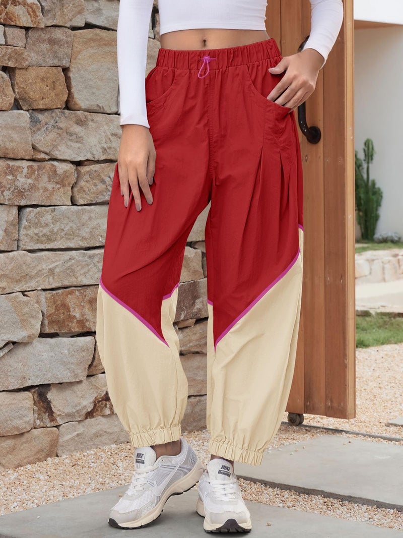 Fisoew Womens Baggy Wide Leg Pants Casual Elastic Waist Color Block Loose Workout Track Pants with Pockets Red - Image 3