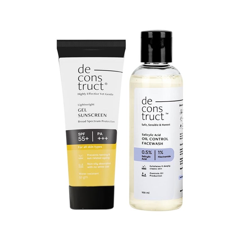 Deconstruct أساسيات البشرة الدهنية المنقحة غسول وجه للتحكم في الزيت مع حمض الساليسيليك واقي شمس جل SPF 50 غسول وجه للتحكم في الزيت 100 مل وواقي شمس جل 50 غ حزمة من 2 - Image 1