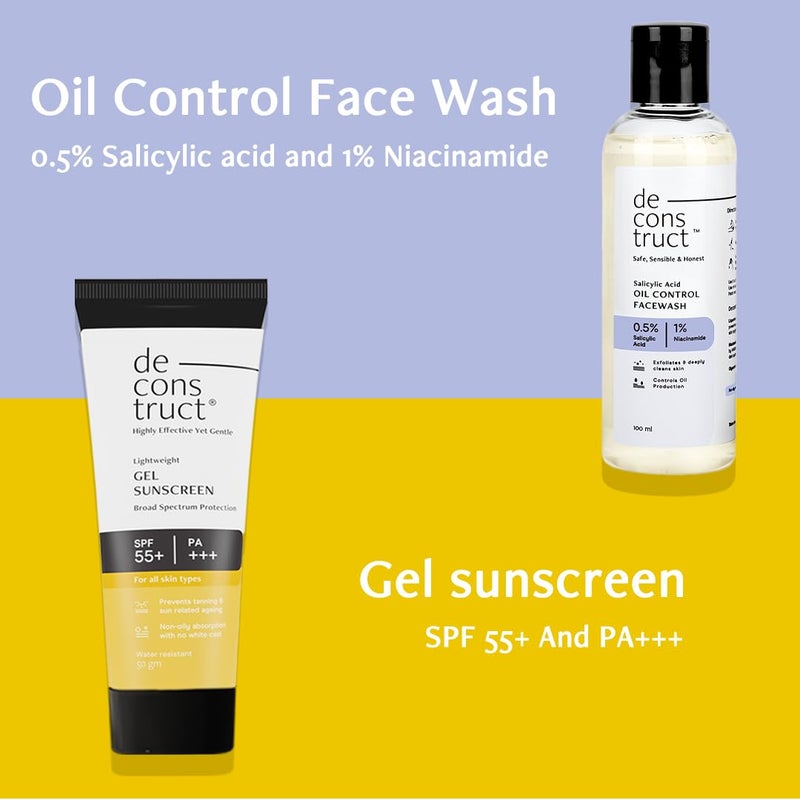 Deconstruct أساسيات البشرة الدهنية المنقحة غسول وجه للتحكم في الزيت مع حمض الساليسيليك واقي شمس جل SPF 50 غسول وجه للتحكم في الزيت 100 مل وواقي شمس جل 50 غ حزمة من 2 - Image 2