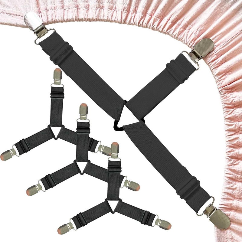 Adjustable Sheet Fasteners – 4 Pieces, Black, Elastic Straps with Clips, for Bed Sheets