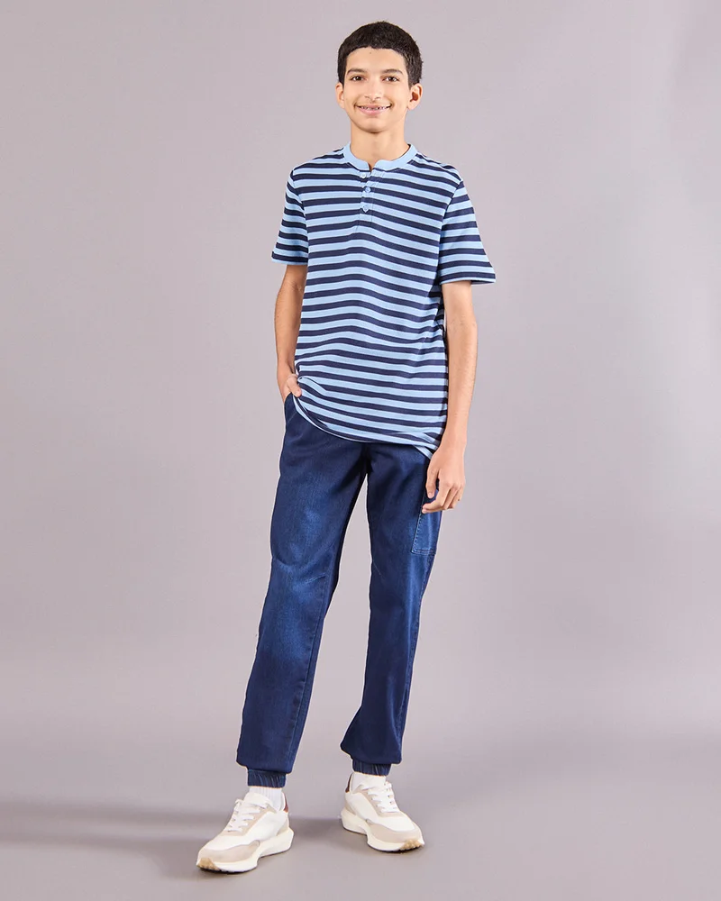 Redtag Senior Boys Blue Striped Polo Shirt