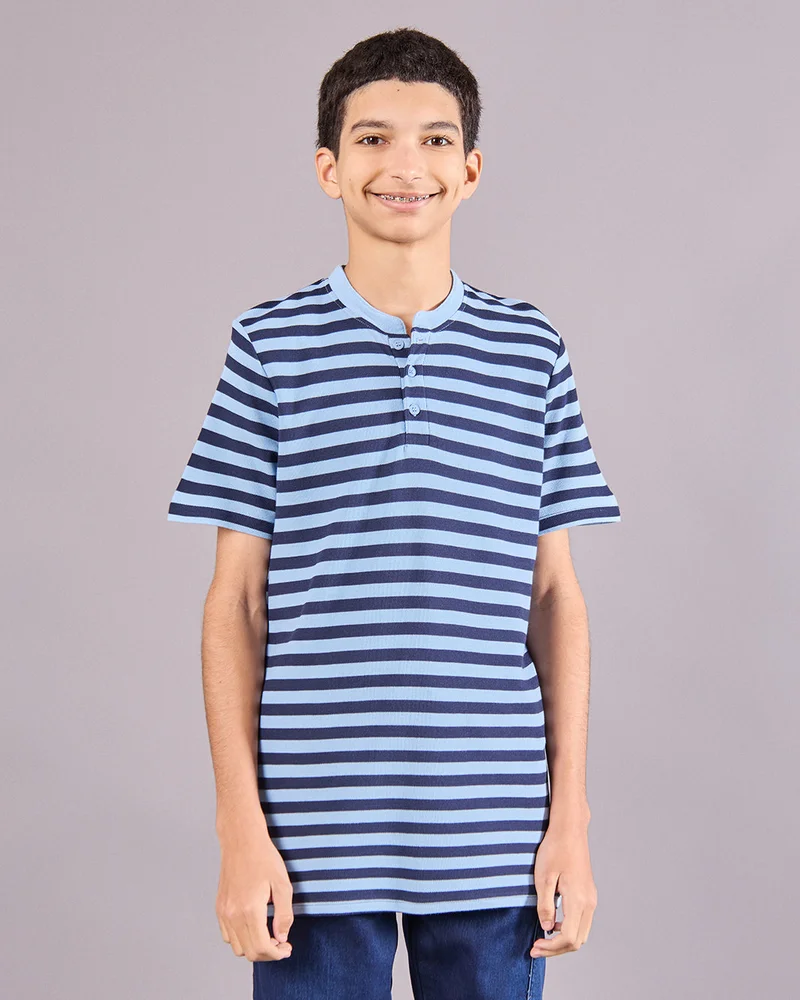 Redtag Senior Boys Blue Striped Polo Shirt