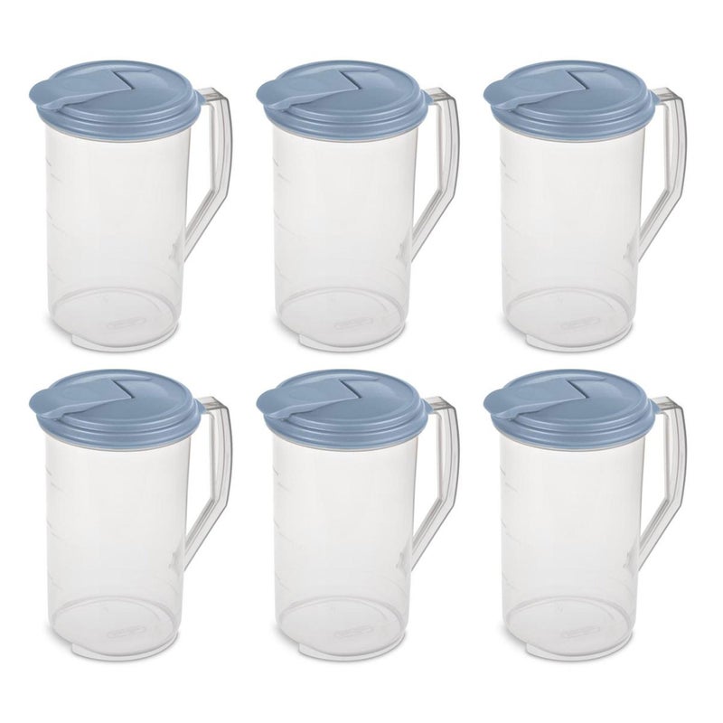 Sterilite 2 Quart Clear Round Plastic Pitcher Dishwasher Proof with Blue Lid Spout and Handle for Easy Pouring Washed Blue 6Pack