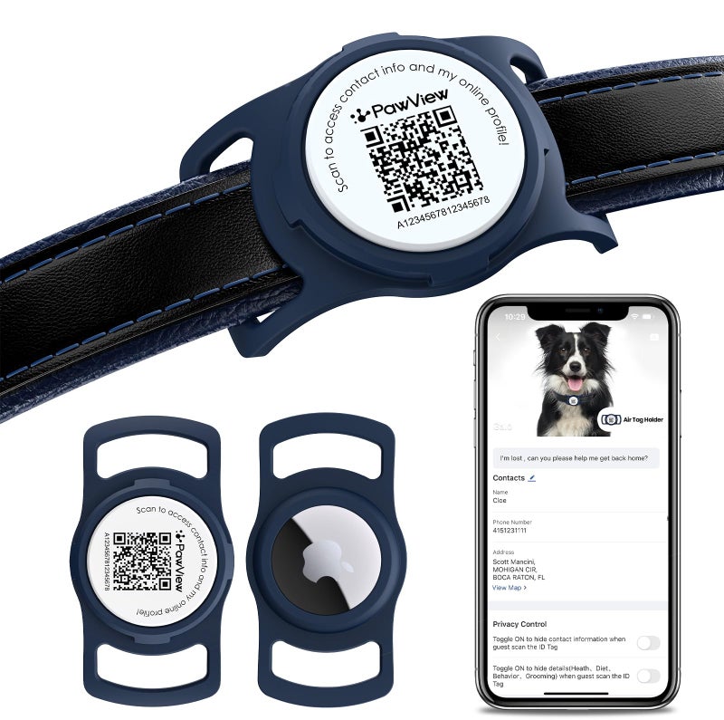 PawView حامل طوق الكلب PawView لـ AirTag مع رمز QR، تنبيه المسح، الموقع الفوري، ملف تعريف الحيوان الأليف عبر الإنترنت، معلومات الاتصال، التحكم عن بُعد عبر التطبيق، لملحقات AirTag (1 عبوة، أزرق داكن) - Image 1