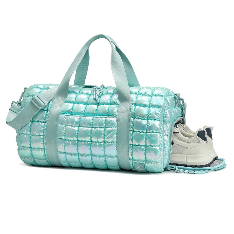 FODOKO Quilted Duffel Bag for Women Puffer Gym Duffle Bag with Shoe Compartment Lightweight Large Crossbody Sport Travel Bag Tote Blue Glacier - Image 2