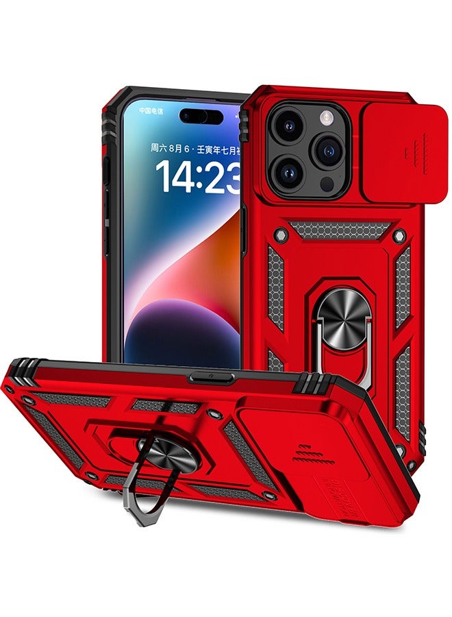 For iPhone 15 Pro Max (6.7 inch) with Camera Cover, Stand Kickstand Ring, 360° Rotate Ring Kickstand Magnetic Car Mount Shockproof Protective Phone Cover Case for iPhone 15 Pro Max (Red) - Image 1