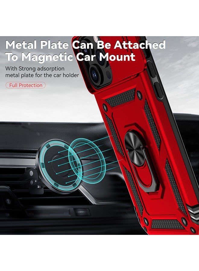For iPhone 15 Pro Max (6.7 inch) with Camera Cover, Stand Kickstand Ring, 360° Rotate Ring Kickstand Magnetic Car Mount Shockproof Protective Phone Cover Case for iPhone 15 Pro Max (Red) - Image 3
