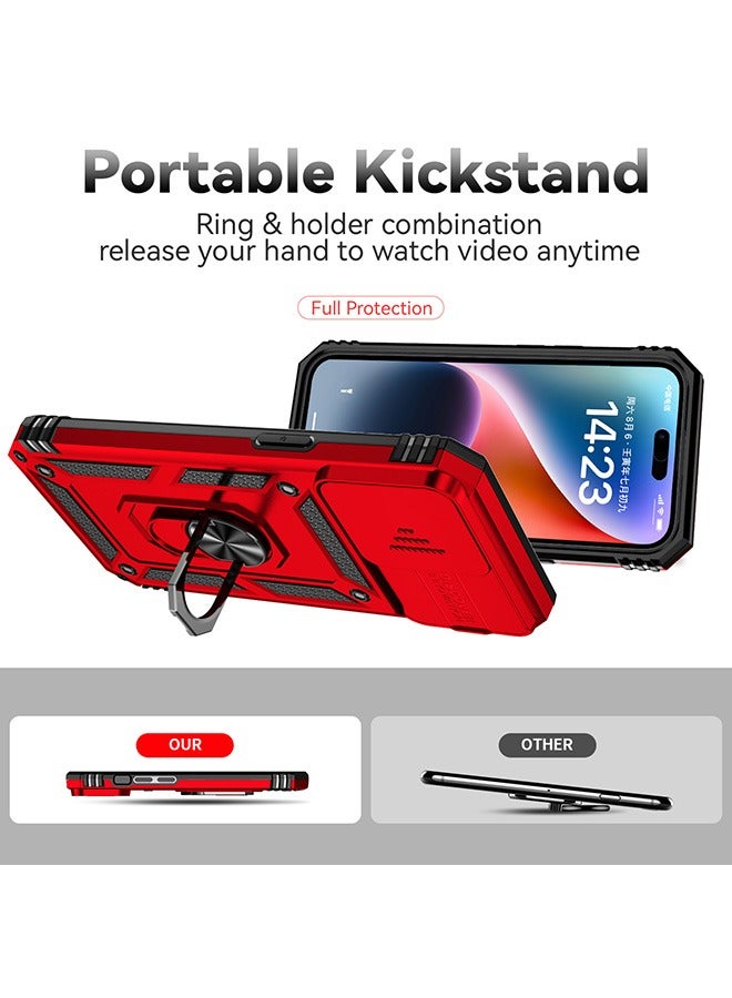 For iPhone 15 Pro Max (6.7 inch) with Camera Cover, Stand Kickstand Ring, 360° Rotate Ring Kickstand Magnetic Car Mount Shockproof Protective Phone Cover Case for iPhone 15 Pro Max (Red) - Image 2
