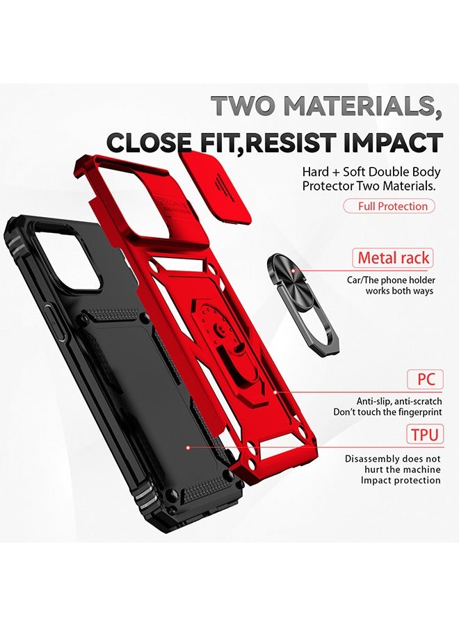 For iPhone 15 Pro Max (6.7 inch) with Camera Cover, Stand Kickstand Ring, 360° Rotate Ring Kickstand Magnetic Car Mount Shockproof Protective Phone Cover Case for iPhone 15 Pro Max (Red) - Image 4