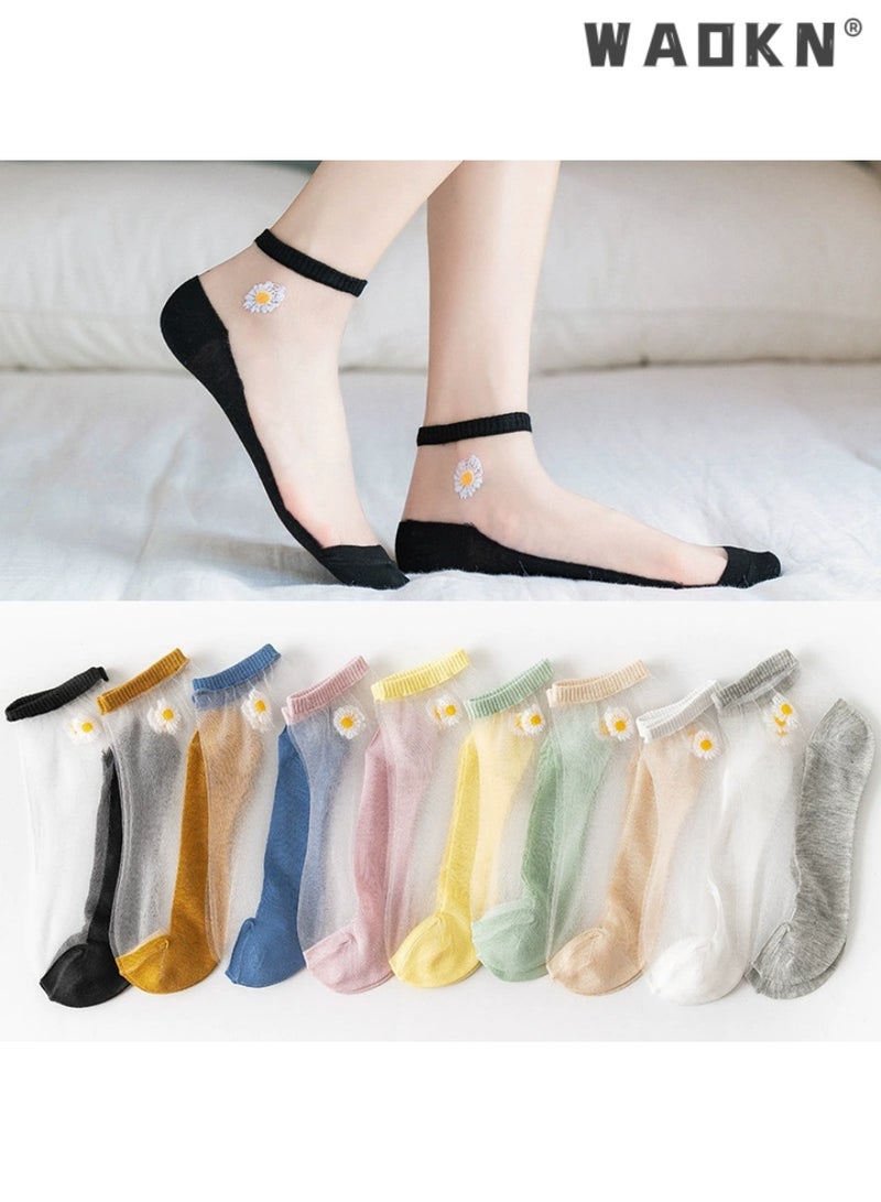 WAOKN 10 Pairs of Women No Show Ankle Socks-Sheer,Breathable,and Comfortable with Daisy Embroidery Pattern for Indoor and Outdoor Wear.Breathable Low Cut Moisture Socks for Summer-Perfect for Everyday Wear - Image 1