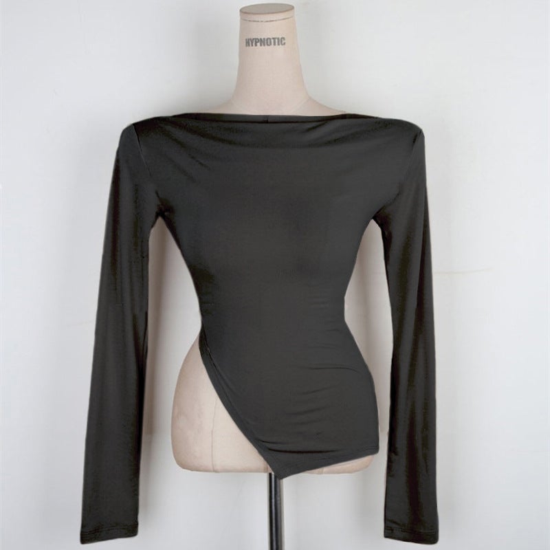 South Korea'S Dongdaemun Spring And Style One-Line Collar, Off-Shoulder Slit, Thin, Slightly See-Through, Figure-Showing Long-Sleeved T-Shirt - Image 1
