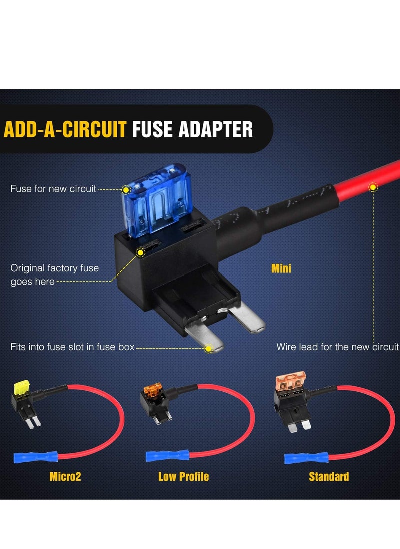 KENSUO - 12V Add-a-Circuit Adapter and Fuse Kit(2024 New), 4 Types Fuse Tap with Standard Micro2 Mini ATC ATS Low Profile Fuse Adapter for Cars Trucks Boats (12 Pack) - Image 1