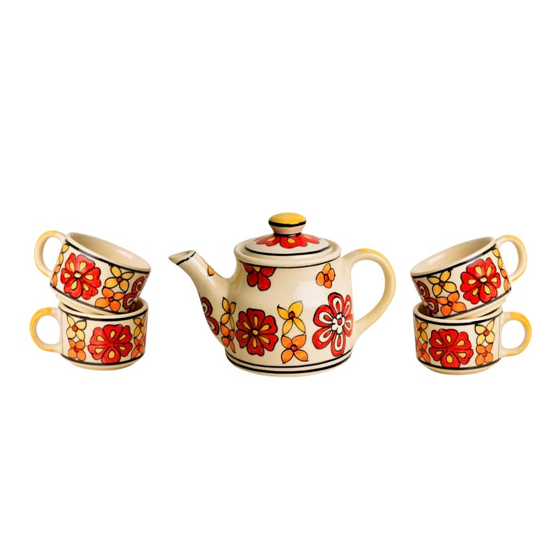StyleMyWay Hand Painted Ceramic Tea Set (1 Kettle, 4 Cups, Red) | Coffee Mugs with Kettle | Tea Cups with Kettle| - Image 3
