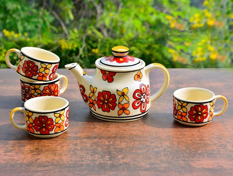 StyleMyWay Hand Painted Ceramic Tea Set (1 Kettle, 4 Cups, Red) | Coffee Mugs with Kettle | Tea Cups with Kettle| - Image 1
