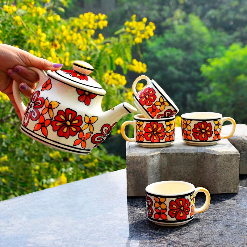 StyleMyWay Hand Painted Ceramic Tea Set (1 Kettle, 4 Cups, Red) | Coffee Mugs with Kettle | Tea Cups with Kettle| - Image 2