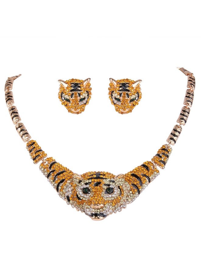 EVER FAITH قلادة رأس نمر كبيرة من كريستال نمساوي مع طلاء أسود وأقراط دراسات - Image 1