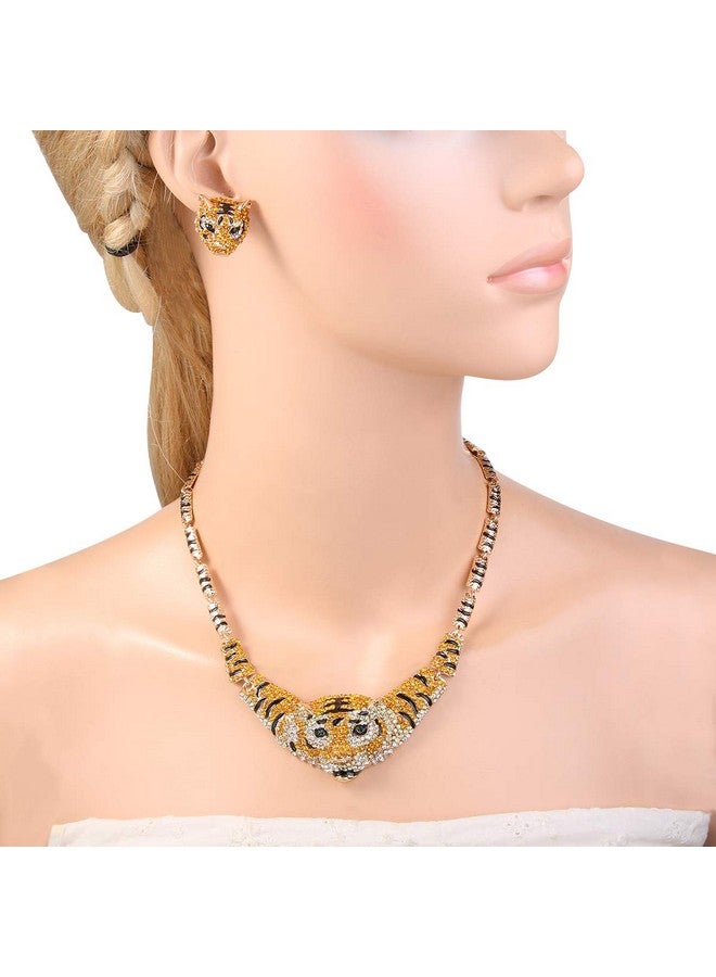 EVER FAITH قلادة رأس نمر كبيرة من كريستال نمساوي مع طلاء أسود وأقراط دراسات - Image 2