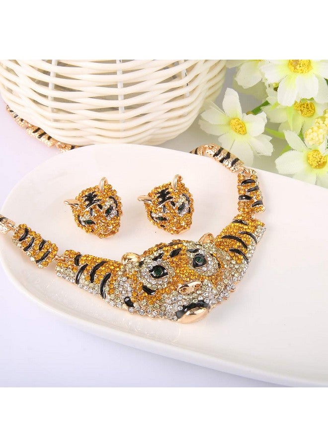 EVER FAITH قلادة رأس نمر كبيرة من كريستال نمساوي مع طلاء أسود وأقراط دراسات - Image 3