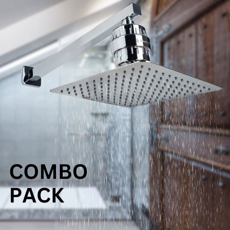 RiverSoft Combo Rain-Shower Set, 10 Inch x 10 Inch rain shower with shower arm 18 inch and SF-15 Shower filter for hard water | Water softener for bathroom (SS304, ABS, Chrome) - Image 2