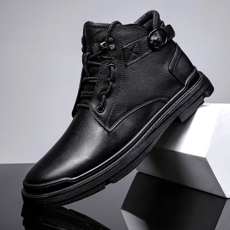 New Fashionable Head Layer Cowhide Cotton Crock Boots High-Top British-Style Leather Shoes Leather Stitching Lace-Up Hugh - Image 5