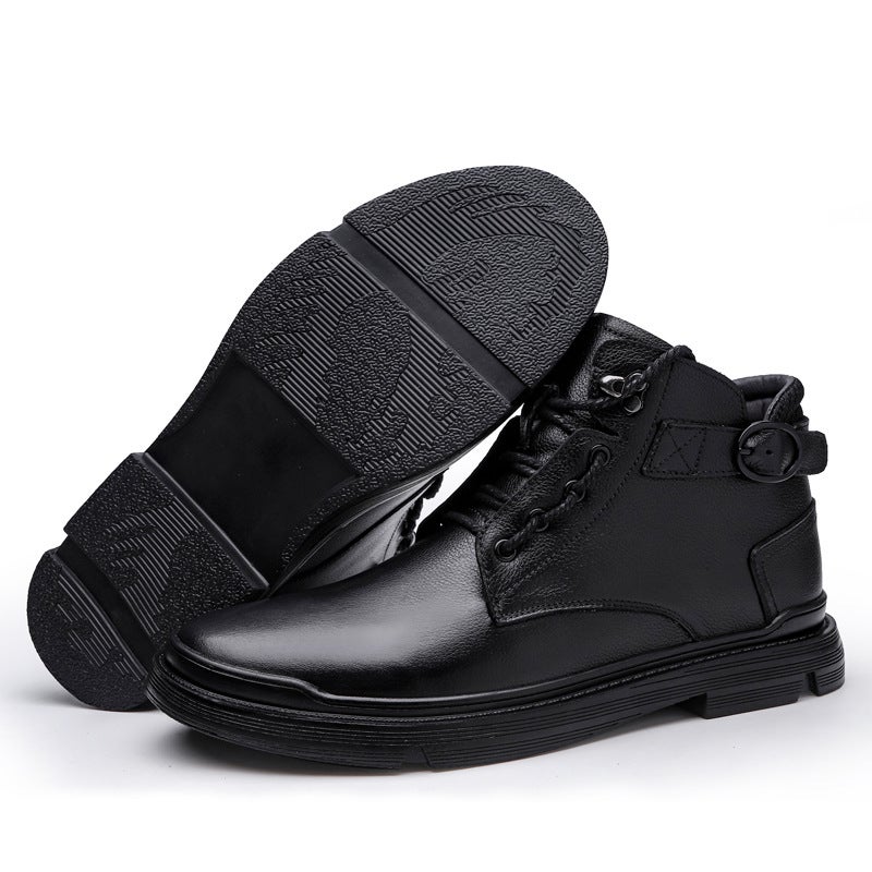 New Fashionable Head Layer Cowhide Cotton Crock Boots High-Top British-Style Leather Shoes Leather Stitching Lace-Up Hugh - Image 3