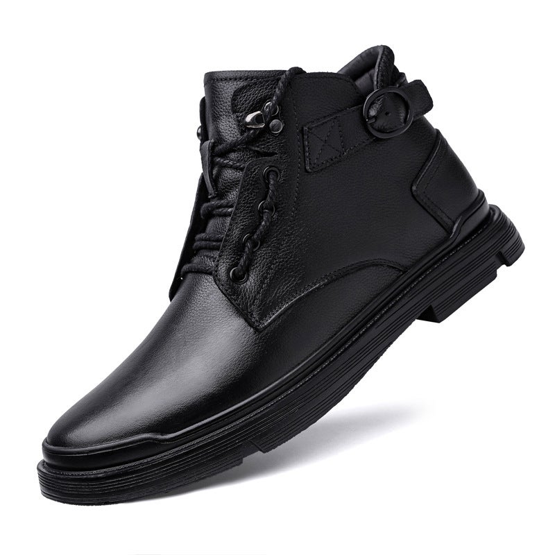 New Fashionable Head Layer Cowhide Cotton Crock Boots High-Top British-Style Leather Shoes Leather Stitching Lace-Up Hugh - Image 2