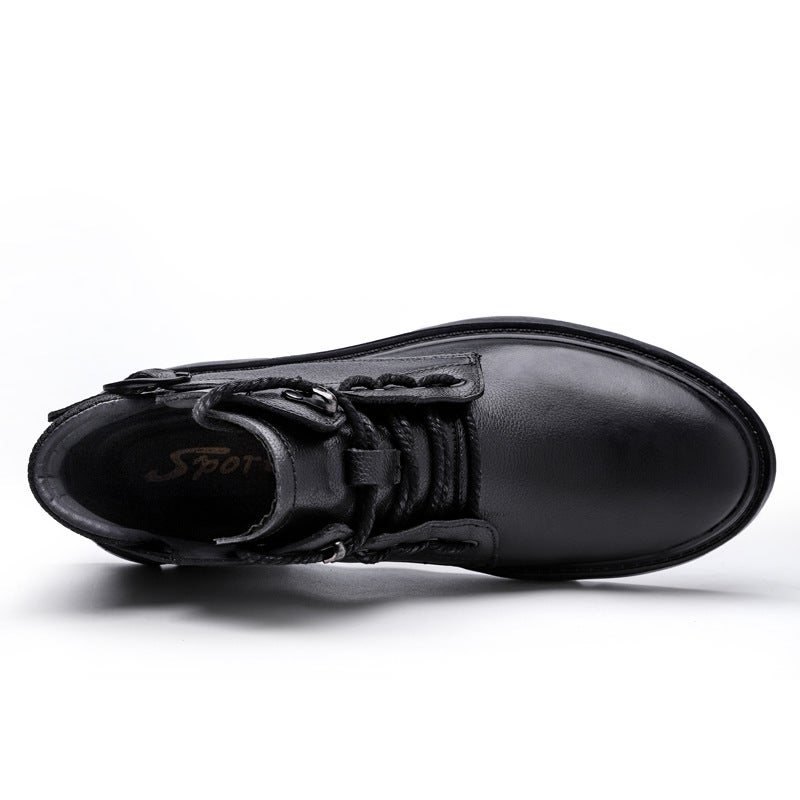 New Fashionable Head Layer Cowhide Cotton Crock Boots High-Top British-Style Leather Shoes Leather Stitching Lace-Up Hugh - Image 4