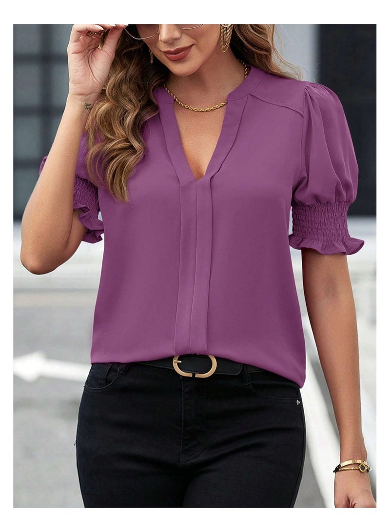 Shougu New V-neck Style Bubble Sleeve Solid Color Shirt Women's Top  - Image 1