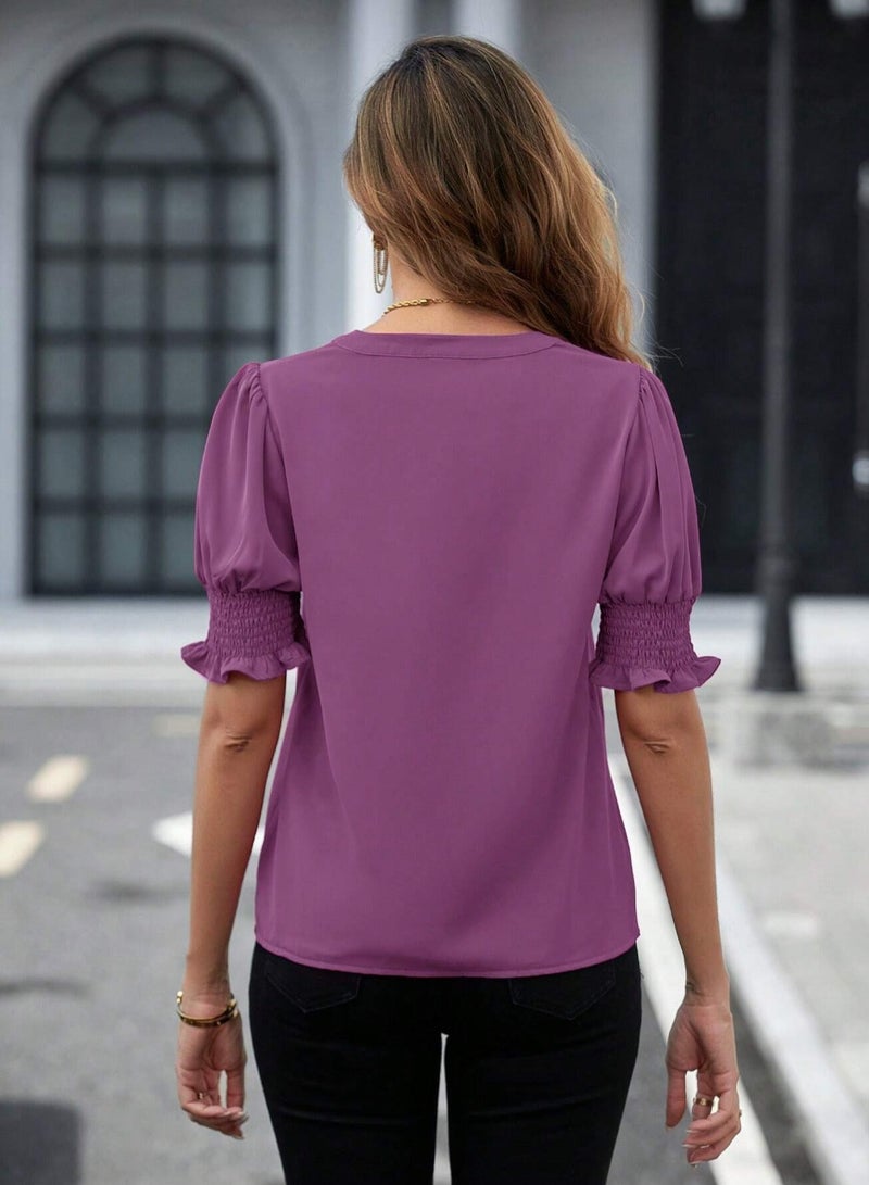 Shougu New V-neck Style Bubble Sleeve Solid Color Shirt Women's Top  - Image 2