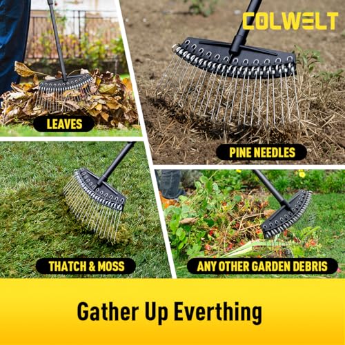 Colwelt Thatch Rake, Dethatcher Rake with Thin, Curved Spring Steel Tines, Dethatching Thatching Rake for Lawns with 61’’ Steel Handle, Lawn Tine Rakes for Pine Needles, Dead Grass, Garden Debris - Image 5