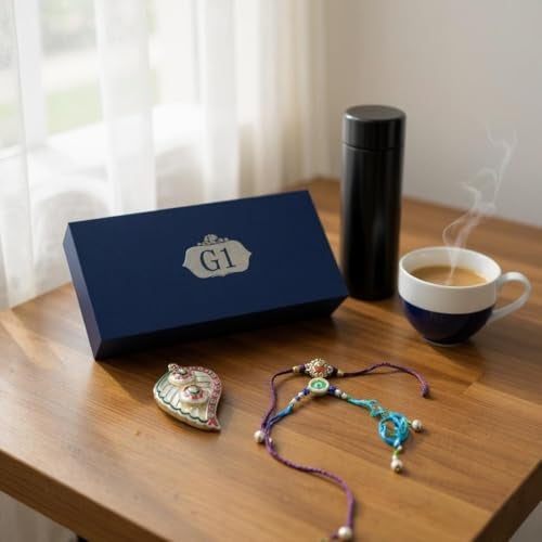 G1 Premium Navy Blue Gift Box Set with LED Temperature Display Water Bottle, 2 Rakhi Bands and Roli Chawal - Image 1