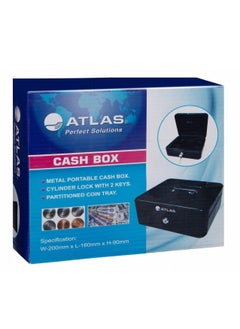 ATLAS Steel Cash Box Register With Tray And Lock 200x160x90mm Size Black  - Image 1