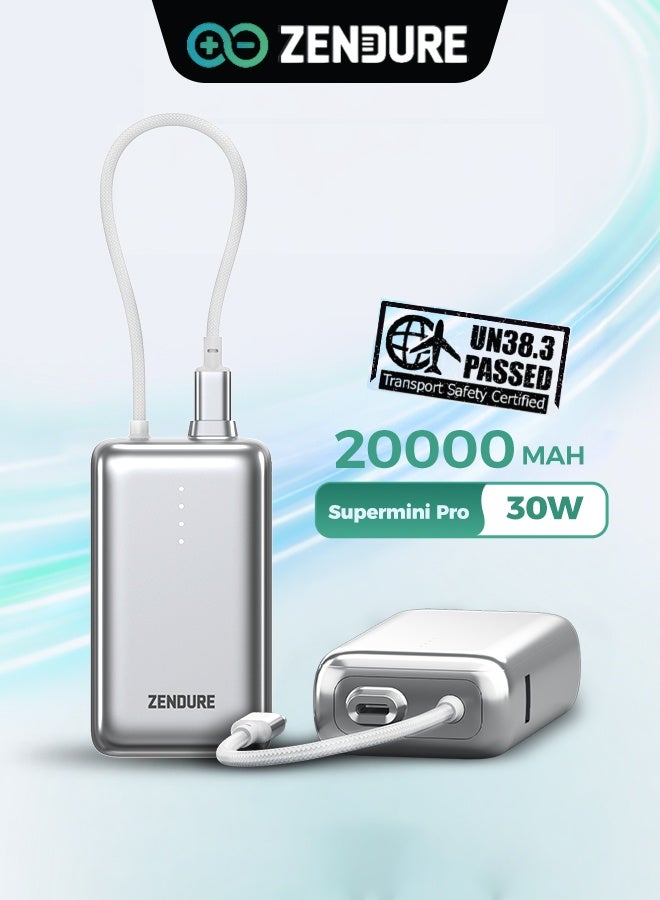 ZENDURE 20000 mAh 20000mAh SuperMini Pro Power Bank | 30W Portable Charger | Built-in Durable Cable | Fast Charging for iPhone & Android | Compact Travel Charger Silver - Image 1