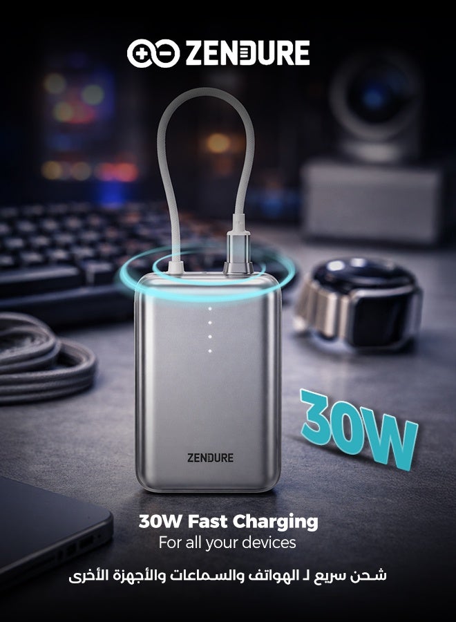 ZENDURE 20000 mAh 20000mAh SuperMini Pro Power Bank | 30W Portable Charger | Built-in Durable Cable | Fast Charging for iPhone & Android | Compact Travel Charger Silver - Image 4