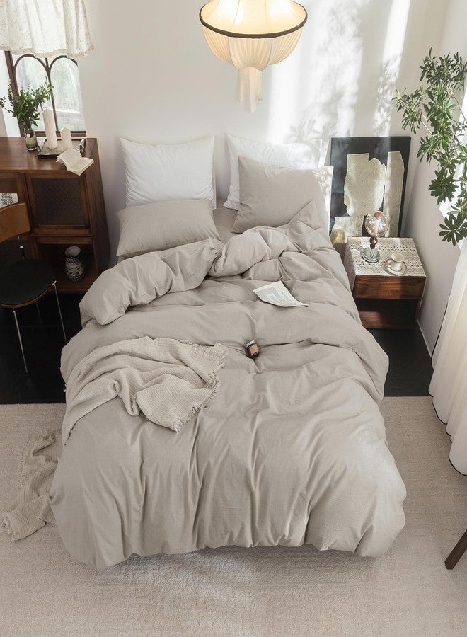FOSSA Duvet Cover Set 100% Washed Cotton Linen Feel Super Soft Breathable Cozy 3 Pieces Bedding Sets Solid Cream Grey King - Image 4