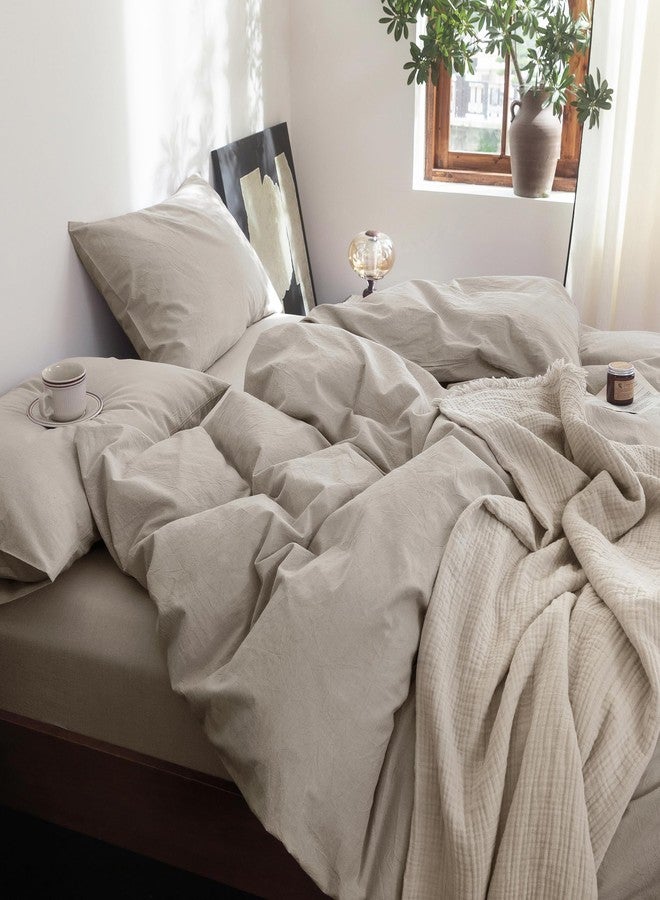 FOSSA Duvet Cover Set 100% Washed Cotton Linen Feel Super Soft Breathable Cozy 3 Pieces Bedding Sets Solid Cream Grey King - Image 2