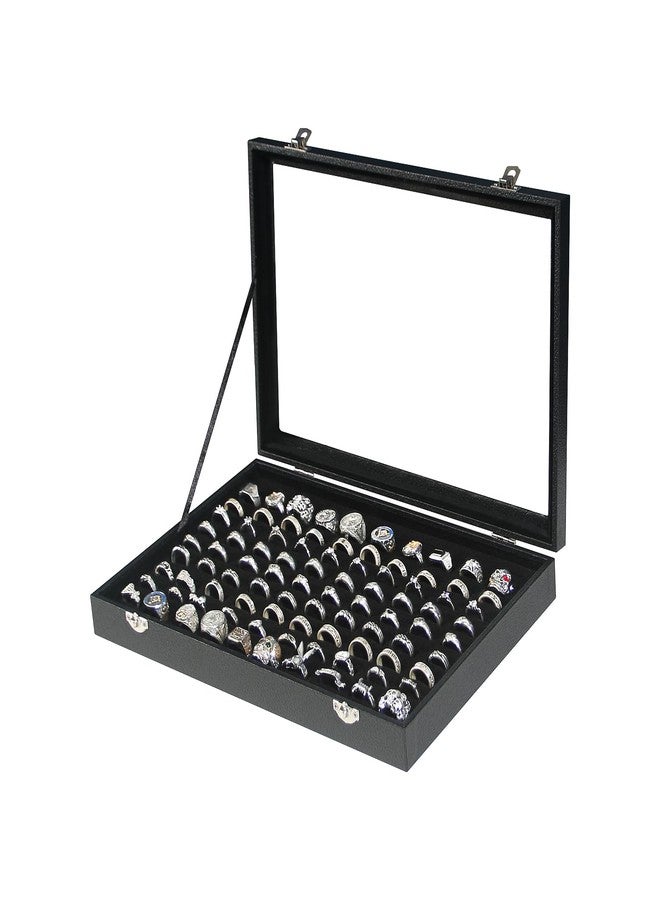 Coward Ring Organizer Jewelry Box, Black Velvet 100 Slots Ring Display Tray Case with Transparent Glass Lid for Home Use or Store Selling Show - Image 1