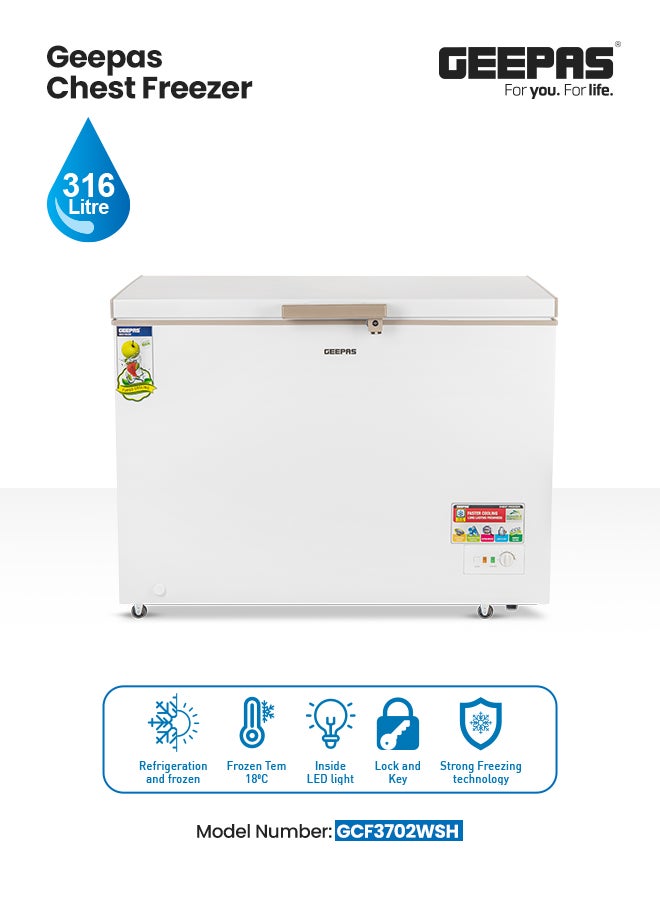 GEEPAS Chest Freezer Storage Capacity with 316 L (11.2 Cb.Ft ),Frozen Temperature: 18-Degrees Celsius, HCF And FCKW Free, Highly Efficient Monolithic Foaming And Compressor Switch Off Function, Includes Lock And Key And 2 Food Baskets 316 L 155 W GCF3702WSH White - Image 1