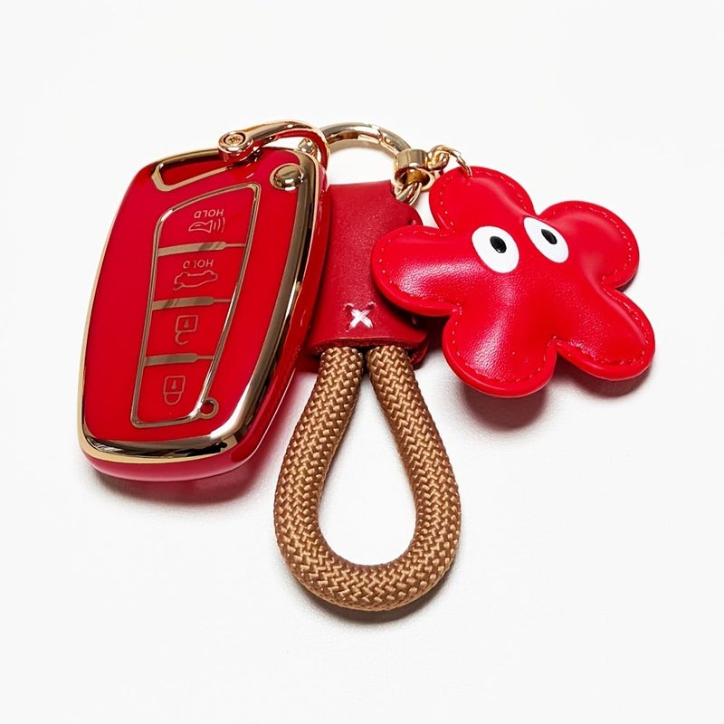 Red 3Pcs Hyundai Key Fob Cover TPU Protector Case with Keychain - Image 5