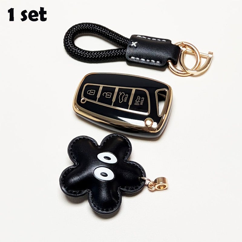Red 3Pcs Hyundai Key Fob Cover TPU Protector Case with Keychain - Image 1
