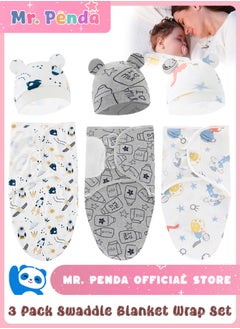 Mr. Penda 3 Pack Baby Swaddle Blanket, with Hat Breathable Cotton Swaddle Blanket, 0-3 Months New Born Baby Adjustable Swaddle Blanket, Wraps Easy Newborn Swaddle Sleep, Sacks for Boy Girl Nursery  - Image 1