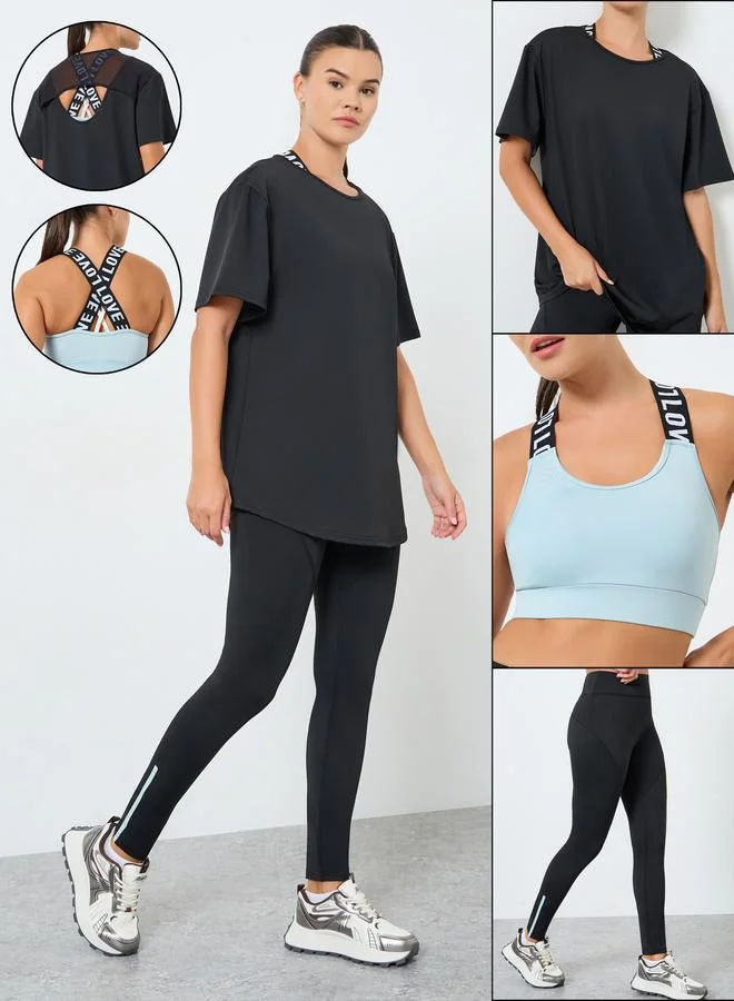 Styli Active Pack of 3 - Mesh Panel T-Shirt, Crossback Strap Sports Bra and Stitch Detail Leggings