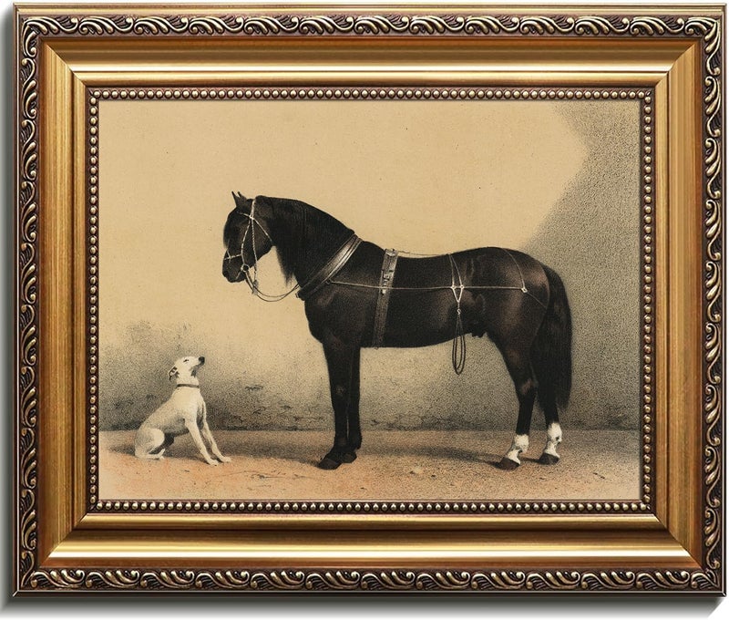 Kizbok Gold Framed Wall Art for Home Decor Vintage Dog and Black Horse Oil Painting Farmhouse Wall Decor Western Canvas Prints Rustic Animal Picture Wall Decor Antique Bedroom Framed Art for Living Room Bathroom Gallery Nursery Decoration 9x12inch - Image 2