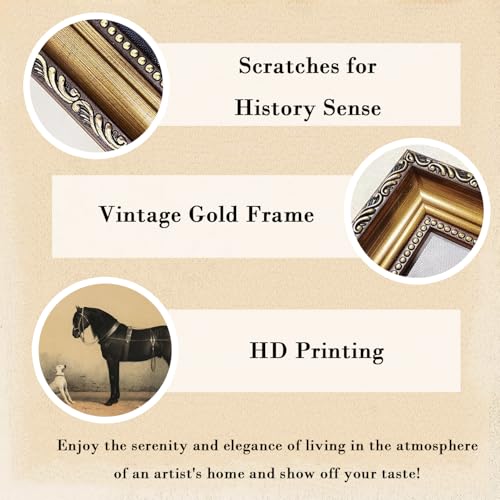 Kizbok Gold Framed Wall Art for Home Decor Vintage Dog and Black Horse Oil Painting Farmhouse Wall Decor Western Canvas Prints Rustic Animal Picture Wall Decor Antique Bedroom Framed Art for Living Room Bathroom Gallery Nursery Decoration 9x12inch - Image 3