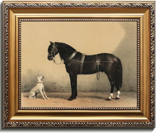 Kizbok Gold Framed Wall Art for Home Decor Vintage Dog and Black Horse Oil Painting Farmhouse Wall Decor Western Canvas Prints Rustic Animal Picture Wall Decor Antique Bedroom Framed Art for Living Room Bathroom Gallery Nursery Decoration 9x12inch - Image 1