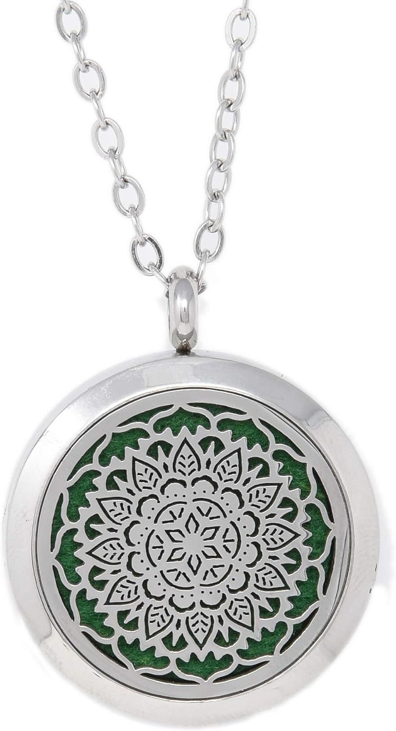 Simply Essential Solutions Aromatherapy Essential Oil Diffuser Stainless Steel 30 MM Silver Magnetic Locket Pendant 2 Sizes Chain Necklace, Refill Pads & Diffuser Bracelet in a Velvet Bag (flower3) 