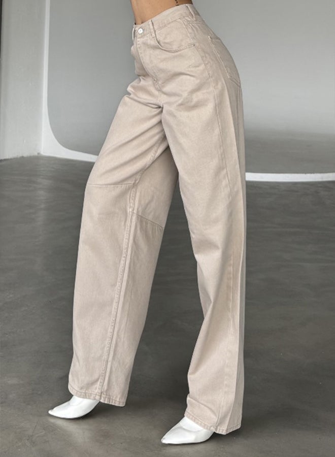 trendyol Beige Belt Buckle Stitching Detail High Waist Straight Cut Straight Jeans - Image 2