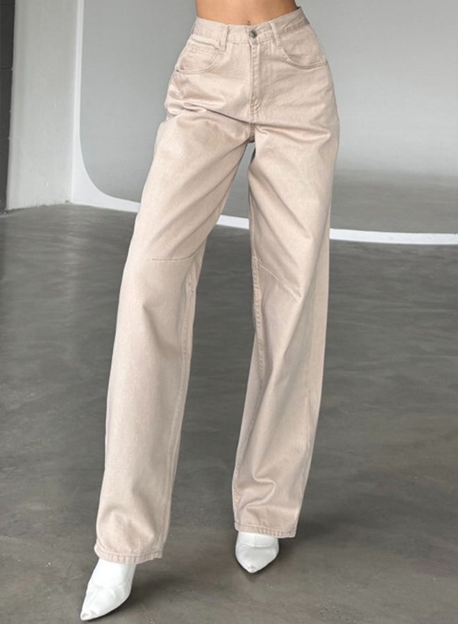 trendyol Beige Belt Buckle Stitching Detail High Waist Straight Cut Straight Jeans - Image 1